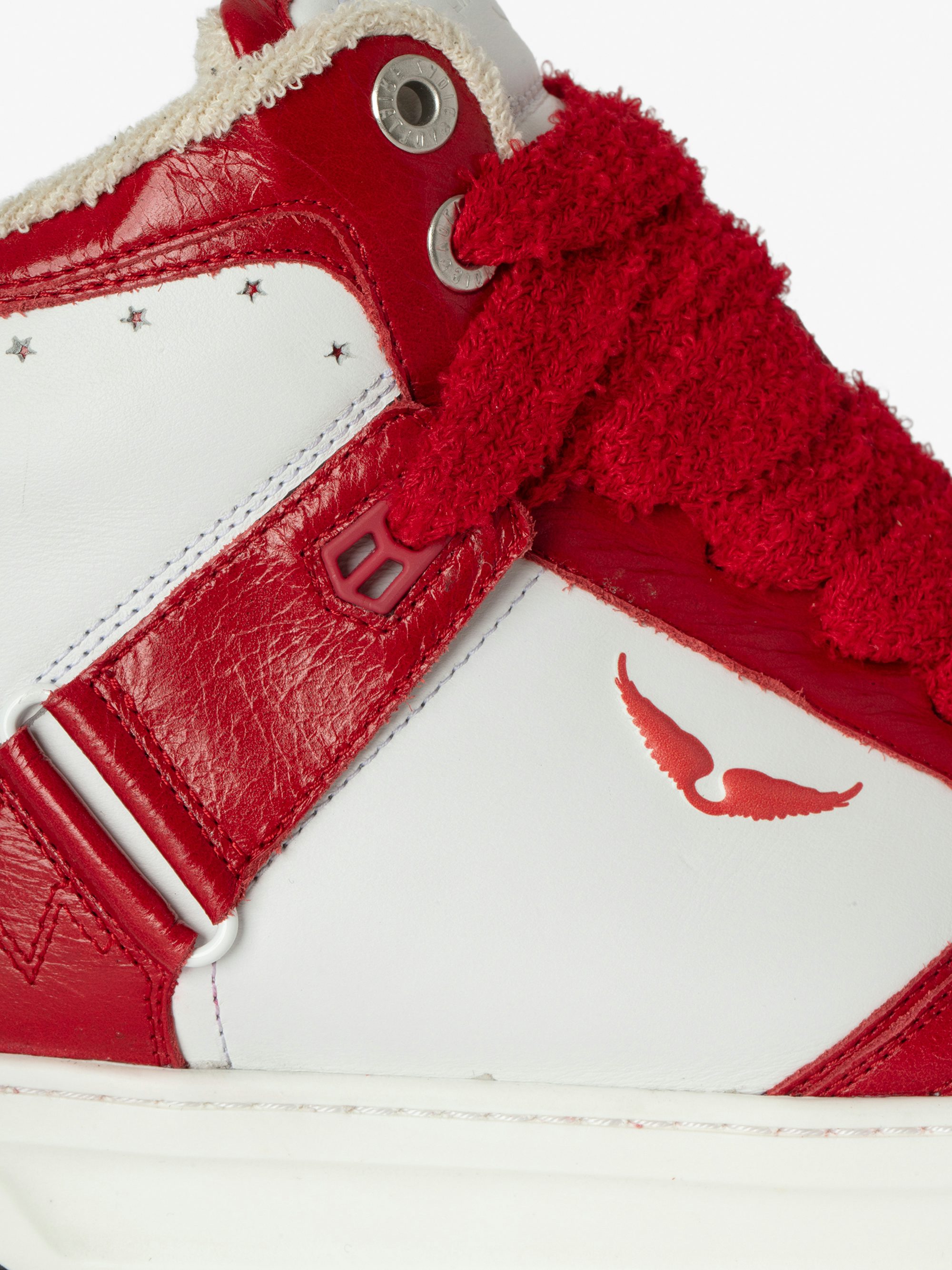 Men's High Wings Trainers - High-top trainers in smooth white leather, with red vintage leather inserts and wing signatures.  These trainers are made with materials that have a reduced environmental impact.